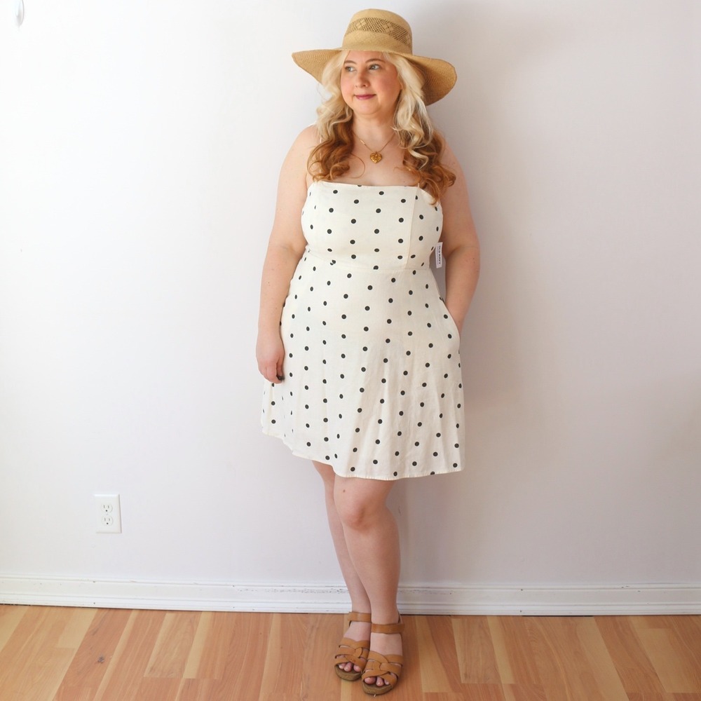Old Navy Linen Blend Dress White Polka Dot Tie Shoulder Smocked Mini NWT Cami
